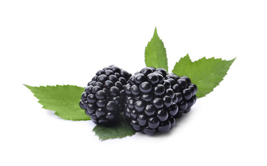 Tasty ripe blackberries with green leaves on white background