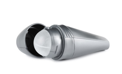 Open plastic deodorant container on white background