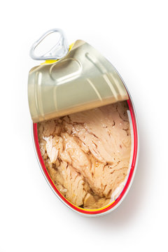 Open can of solid white meat tuna in olive oil