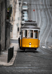 Yellow tram in street of Lisboa, Portugal
