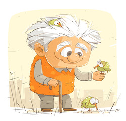 Kind Grandfather Feeding The Birds