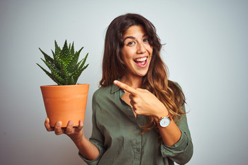 Young beautiful woman holding cactus pot over white isolated background very happy pointing with...