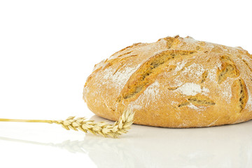 One whole fresh baked rye wheat bread with one golden wheat ear isolated on white background