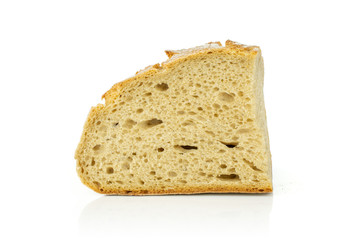 One slice of fresh baked rye wheat bread isolated on white background