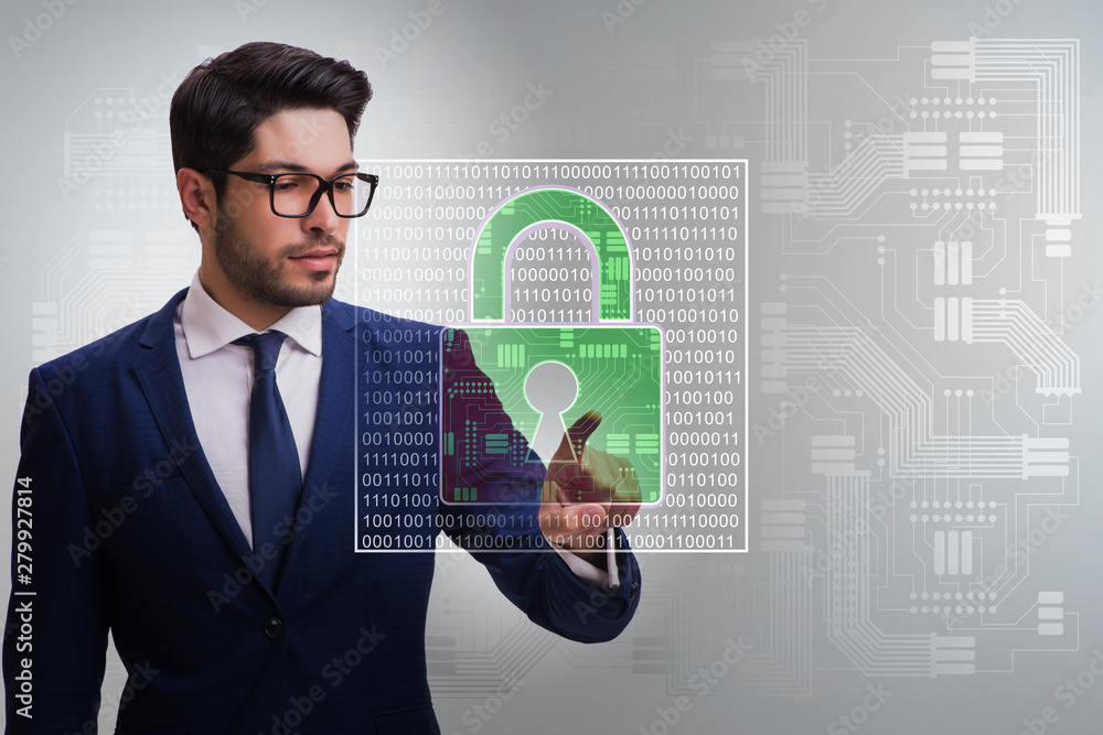 Aufkleber man in digital security concept pressing button