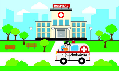  Medical concept with hospital buildings and ambulances in a smooth style