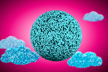 Big data concept. Huge amount 3d letters and numbers of blue green ball, with blue data clouds on pink background, 3D illustration.