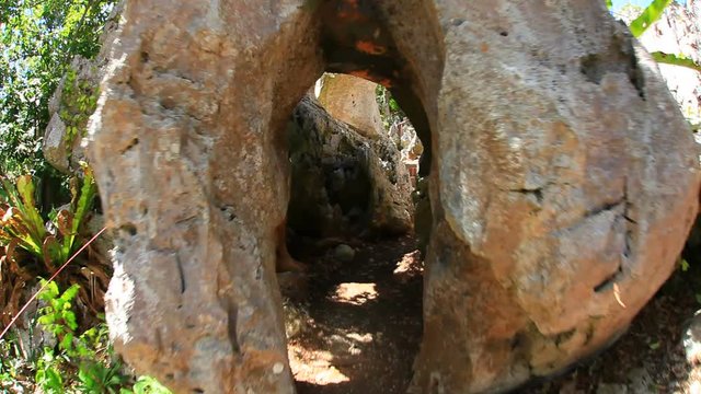 Camera moving among rock formations, Kunigami, Okinawa, Japan