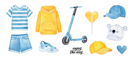 Cute collection of sportive clothes and accessories: shorts, t-shirt, baseball caps, kick scooter, warm hoodie and sandals. Hand painted watercolour graphic drawing, cutout cliprt element for design.