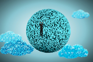 Big data concept. Climbing businessman hang on blue green ball of huge amount 3d letters and numbers. with blue data clouds.