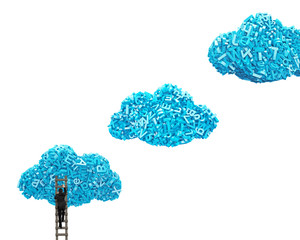 Big data and cloud computing concept. Businessman climbing wooden ladder to blue clouds of 3d letters and numbers, isolated on white background.