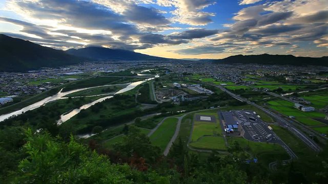 Chikuma River, Ueda City and Uedahara Battlefield at sunrise, Japan