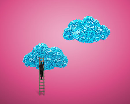 Big data and cloud computing concept. Businessman climbing wooden ladder to blue clouds of 3d letters and numbers, isolated on red background.