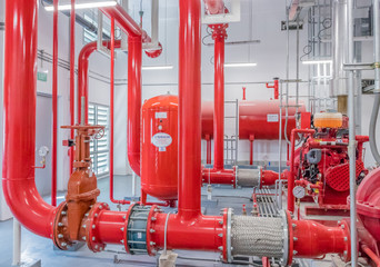 Typical installation of fire pump room with approved pump nd valve connect to pipe with stainless flexible pipe.