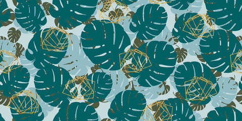Green monstera tropical seamless vector pattern background. Exotic wallpaper