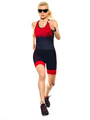 Fototapeta premium one caucasian woman practicing triathlon triathlete ironman runner running jogger jogging in studio shot isolated on white background