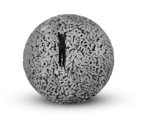 Big data concept. Climbing businessman hang on gray concrete ball of huge amount 3d letters and numbers, isolated on white background.