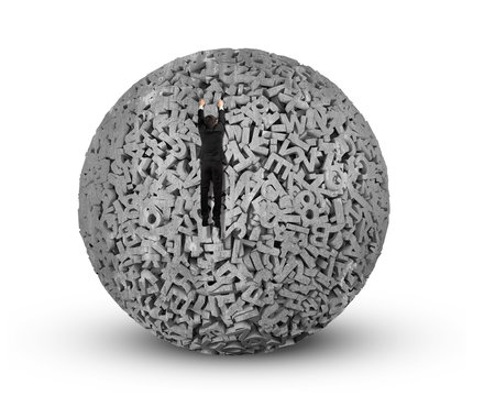 Big data concept. Climbing businessman hang on gray concrete ball of huge amount 3d letters and numbers, isolated on white background.