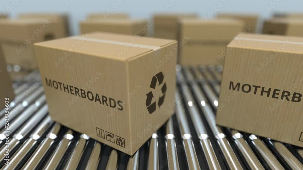Poster cartons with computer motherboards on roller conveyors. loopable 3d animation