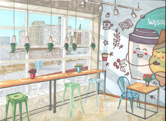  bright interior of a loft-style cafe with a panoramic window with a sunny summer view