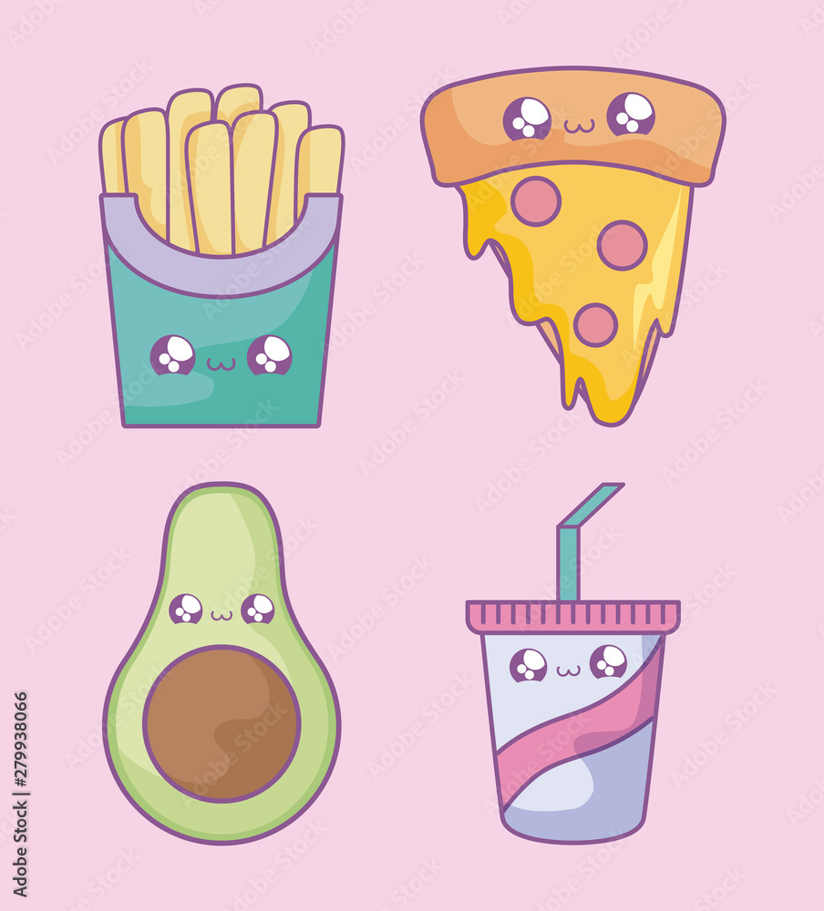 Sticker french fries with pizza and set icons kawaii style