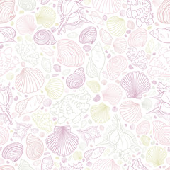 Vector white pastel colours repeat pattern with variety of seashells. Perfect for greetings, invitations, wrapping paper, textile, wedding and web design.