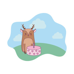 cute reindeer animal with cake of birthday