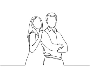 Continuous line drawing of Cheerful young couple standing. Young couple in love have fun isolated on white background.