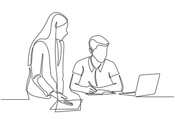 Continuous line drawing of businessmen and businesswomen discuss their strategies with laptops in the office. Talk and discuss something. Business meeting in office isolated on white background.