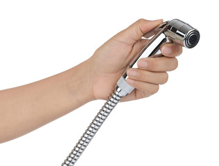 hand holding Bidet Sprayer isolated on white background