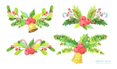 New Year and Christmas themed set of ready to use floral compositions with hand painted mistletoe, berries, branches, leaves, candies and bells