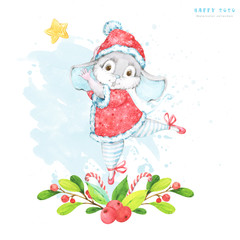Square Christmas and New year 2020 greeting card with a watercolor illustration of a cute cartoon rat, mouse, ballet dancer, in a red costume with snowflake pattern on a white and blue backgound