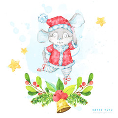 Square Christmas and New year 2020 greeting card with a watercolor illustration of a cute cartoon rat, mouse, ballet dancer, in a red costume with snowflake pattern