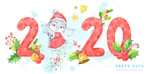 2020 New Year and Christmas watercolor horizontal composition with numbers and dancing mouse, rat. In red, green, yellow and blue colors. Perfect for banners, greeting cards