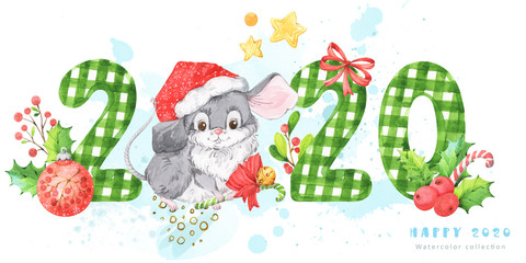 2020 New Year and Christmas banner with hand painted white and green patterned watercolor numbers and cute grey mouse, rat in a red hat on white and blue background 