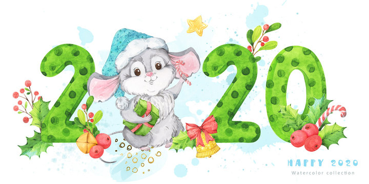 Horizontal 2020 New Year and Christmas banner with green polka dot numbers and a cute hand painted cartoon mouse, rat with berries, branches, mistletoe, bells on white and blue background