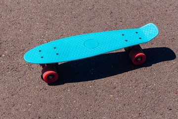 Blue penny board with pink wheels on the road.