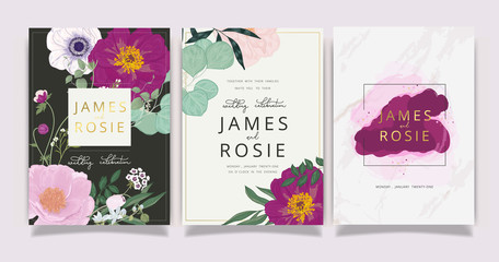 Marble Summer Flower Wedding Invitation set, floral invite thank you, rsvp modern card Design in Pink peony and white  floral with leaf greenery  branches decorative Vector elegant rustic template