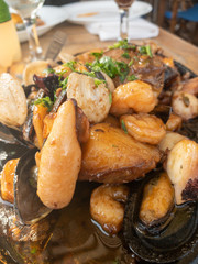  Exquisite food with seafood and rustic potatoes, healthy and natural food.