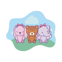 cute little bear with elephant and bunny in landscape