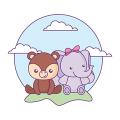 cute little elephant with bear baby in landscape