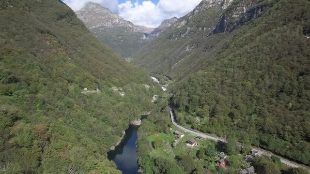 aerial view of medieval town village of Corippo in the mountains, small mountain village in Ticino Corippo, Verzasca valley, Switzerland