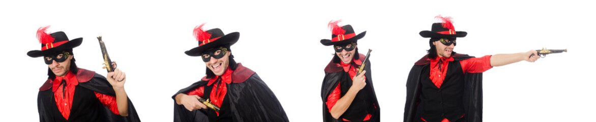 Young man in carnival coat with gun isolated on white