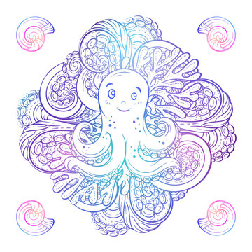 Vector sea creatures colorful doodle background. Cute octopus character.