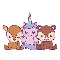 cute little unicorn with bear and reindeer baby character