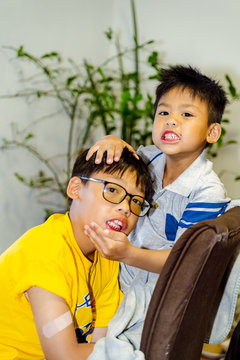 Happy Littles Asian  Kids  In Studio, Fashion Kids Portrait White Bacground.