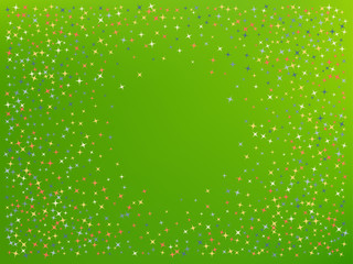 Green color background. Stars confetti. 