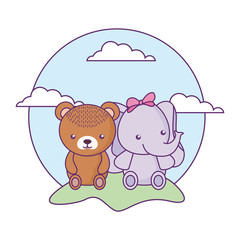 cute little elephant with bear baby in landscape