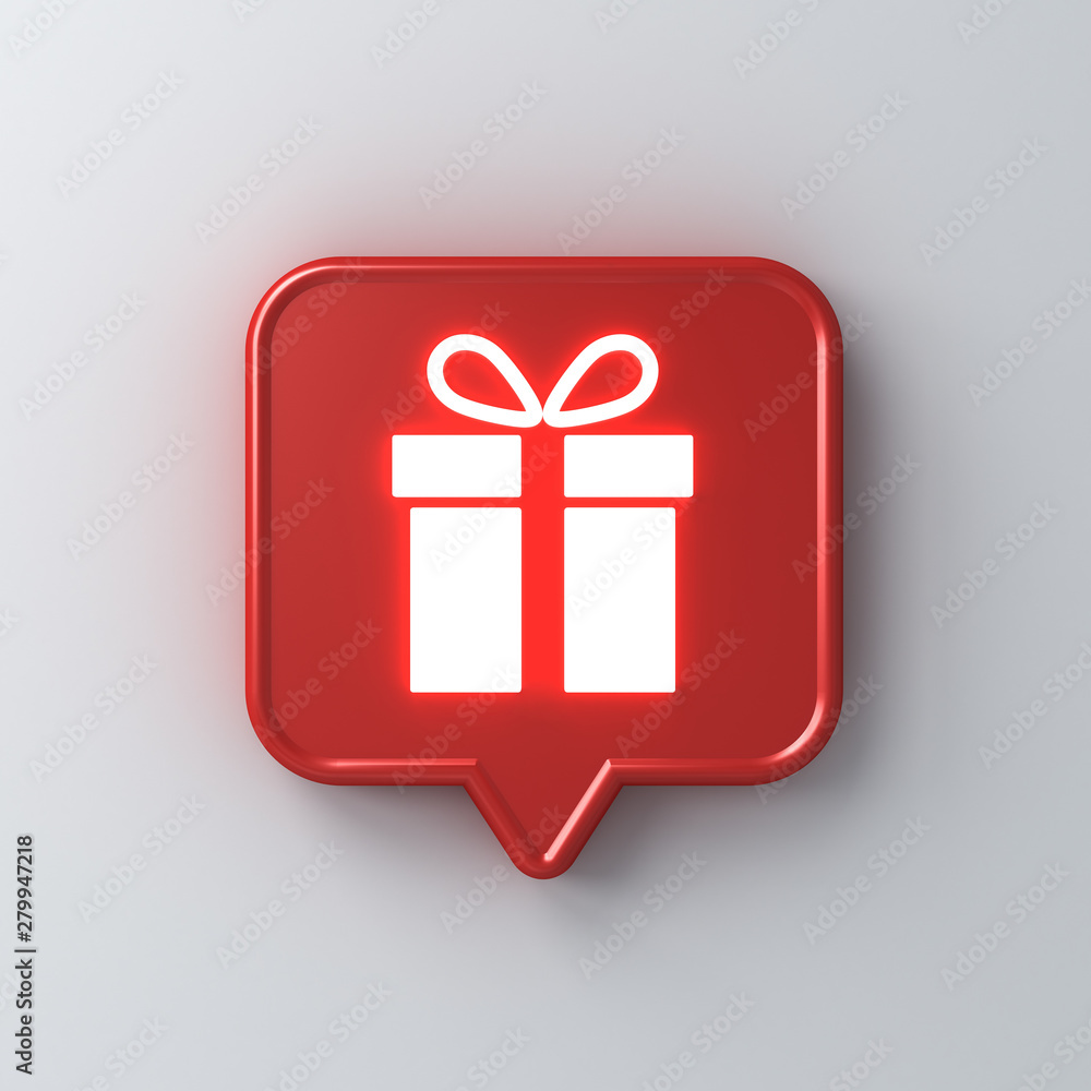 Poster neon light gift icon in red social media notification speech bubble pin isolated on white wall backg