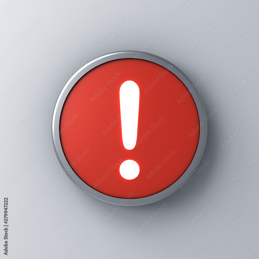 Poster neon light exclamation mark icon in red round sign button isolated on white wall background with sha